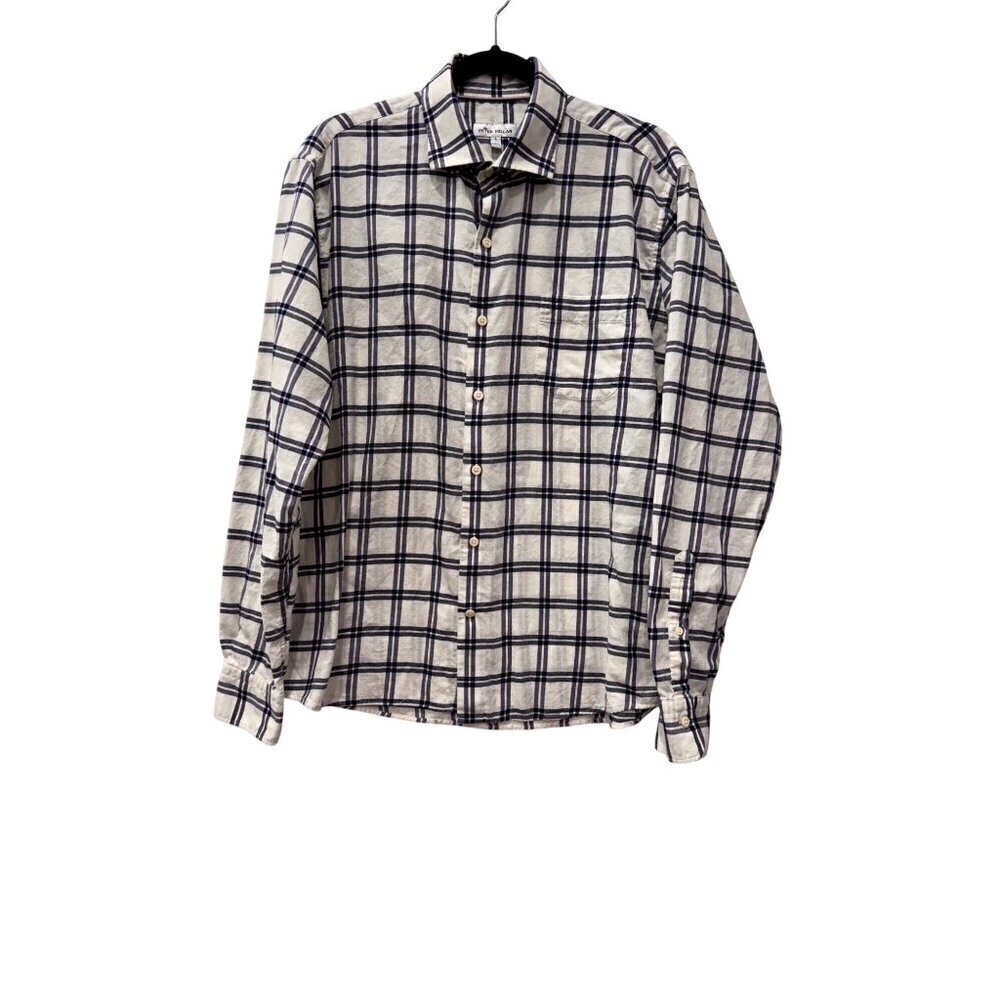 Peter Millar Men's Size L Autumn Soft Casual Button Down Shirt Ivory/Blue Plaid